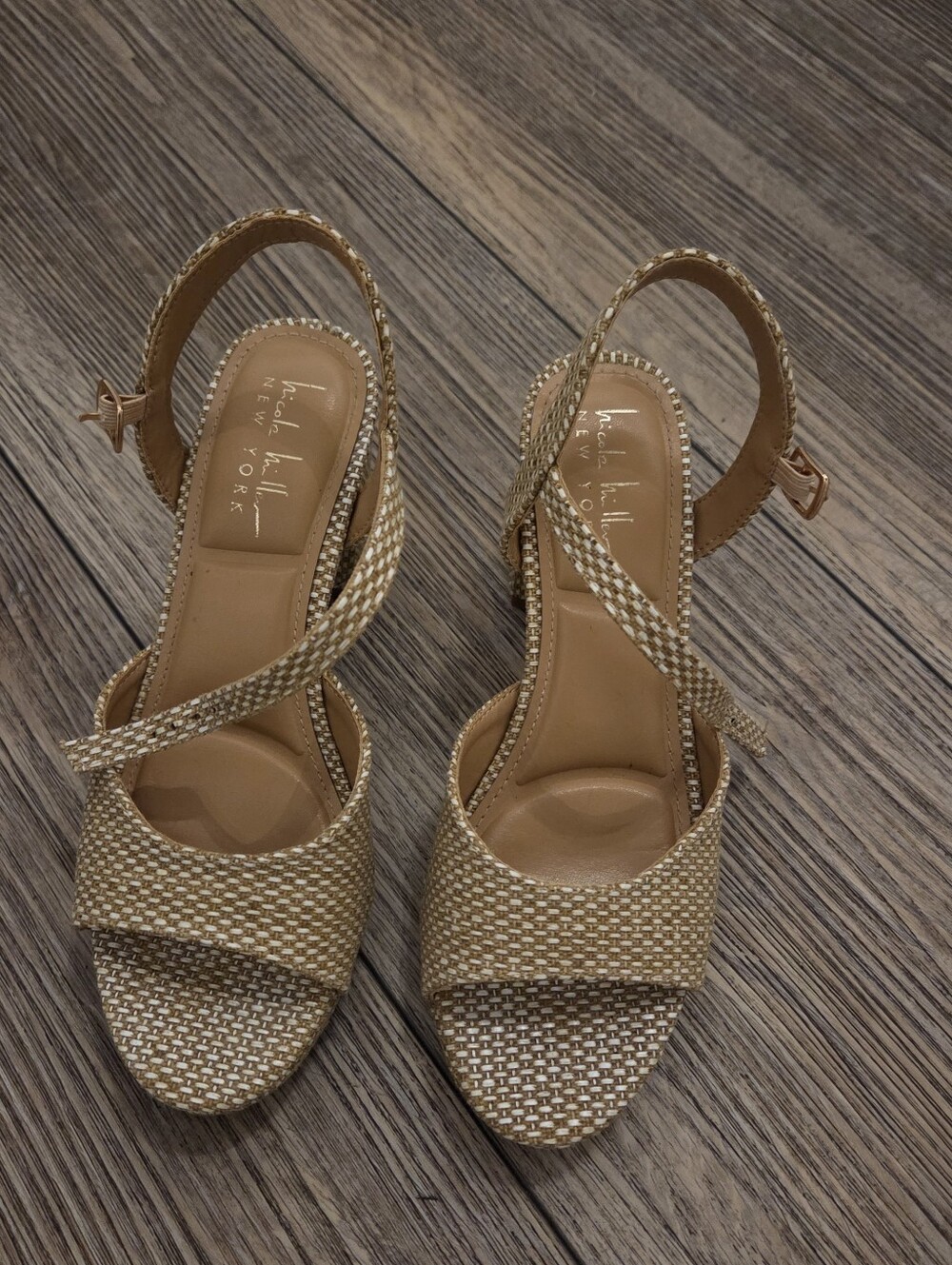 Nicole Miller Tan/Beige Woven Crisscross Heels